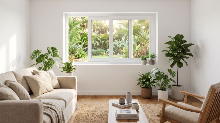 Sala luminosa con ventana corredera de marco de PVC blanco